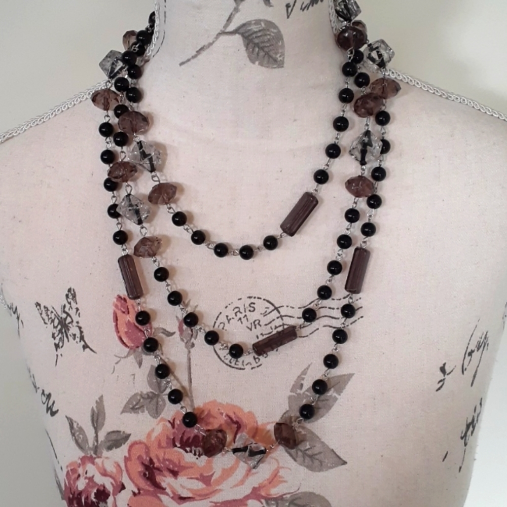 ^ Super long black and smoky bead necklace